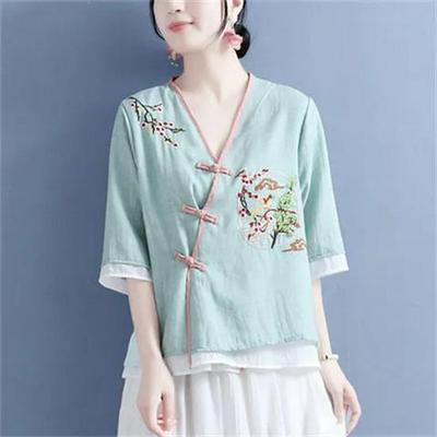 Nuevo Cardigan Camisa Bordado de Colorblock de Algodón y Lino Artístico con Cuello en V para Mujer de Manga Media Holgado para Primavera/Verano.