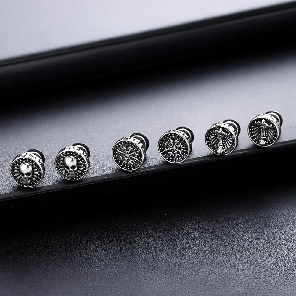 Punk Personality Stainless Steel Engraved Skull Nordic Compass Rune Pattern Stud Earrings for Men Women Does Not Fade Jewelry