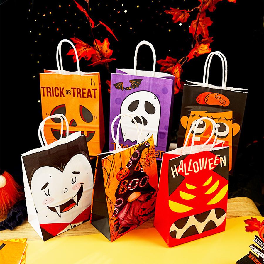 6pcs Halloween Theme Gift Paper Packaging Bag Reusable Eco-friendly Party Goodie Bag Creative Gift Bag Party Favor Supplies