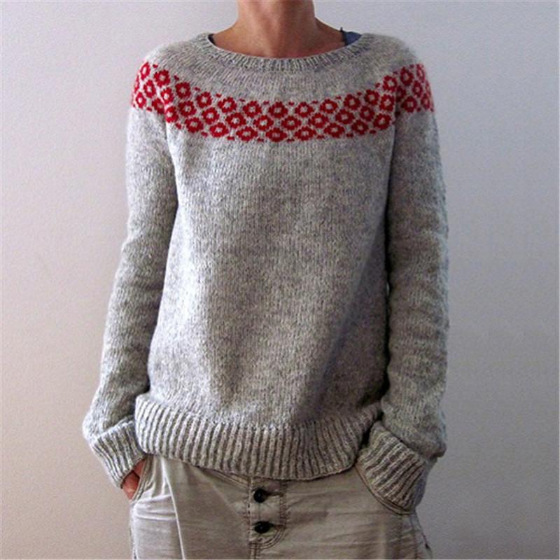 Knitted Women Sweater Print O-neck Long Sleeve Casual Loose Sweaters Female Winter Elegant Trendy Ladies Clothes