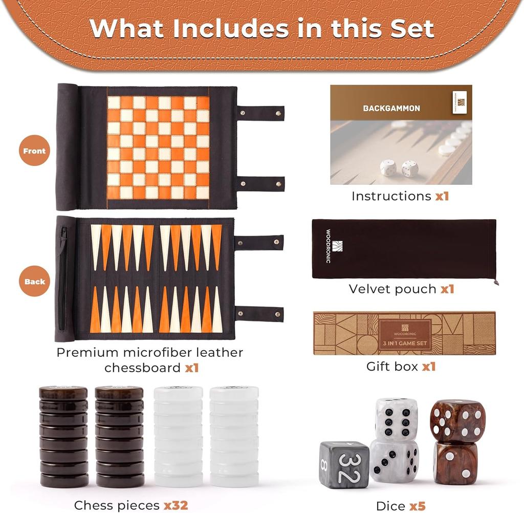 3-in-1 Travel Chess Checkers Backgammon Set, Roll-up Leather Game with 32 Pearl Pieces & 5 Dice, Portable Strategy Board Game fo