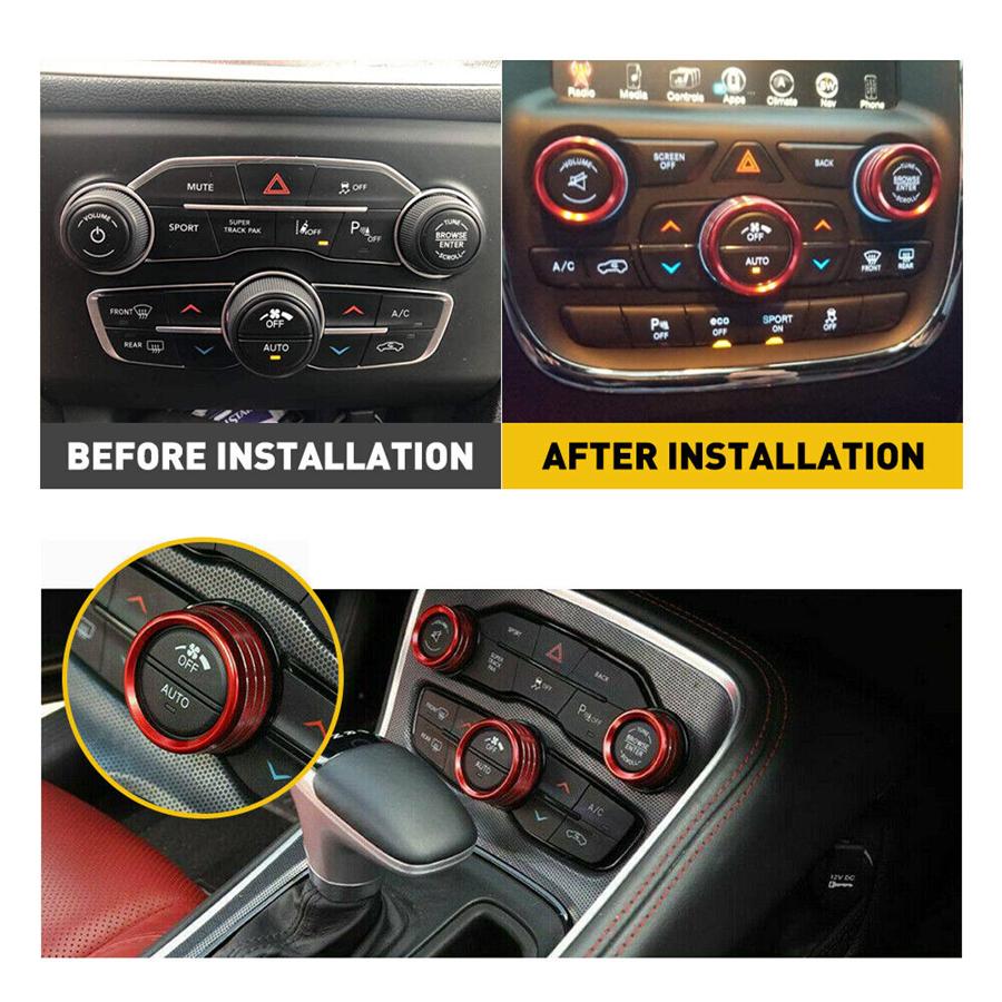 3pcs Red AC Radio Switch Trim Ring Knob Cover For Dodge Challenger/Charger 15-20