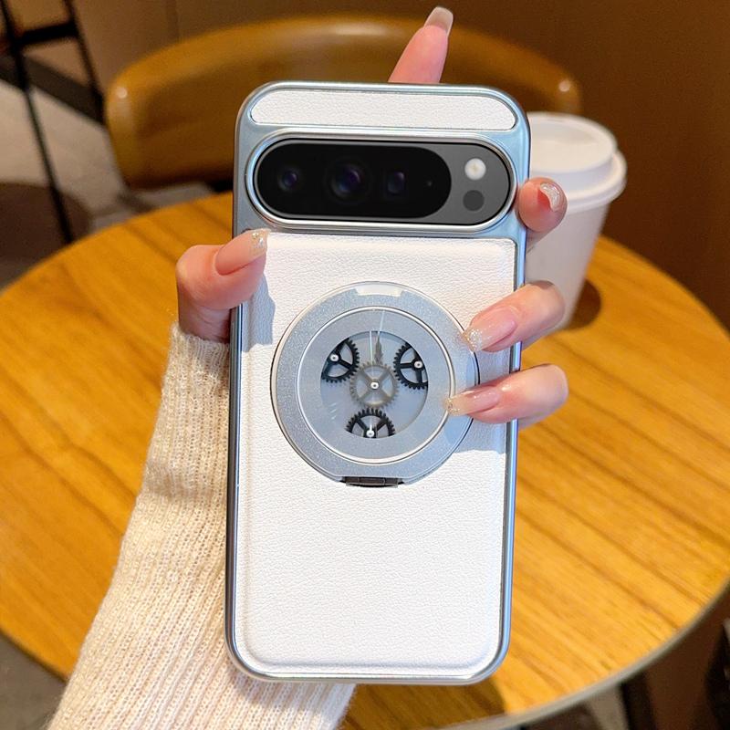 For Google Pixel 9 Pro XL Magnetic Case Rotating Kickstand Gear Stress Relief Leather Phone Back Cover