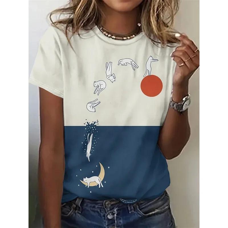 Summer Round Neck 3D Cat Print Top Fashionable Casual Short Sleeved Women's T-shirts