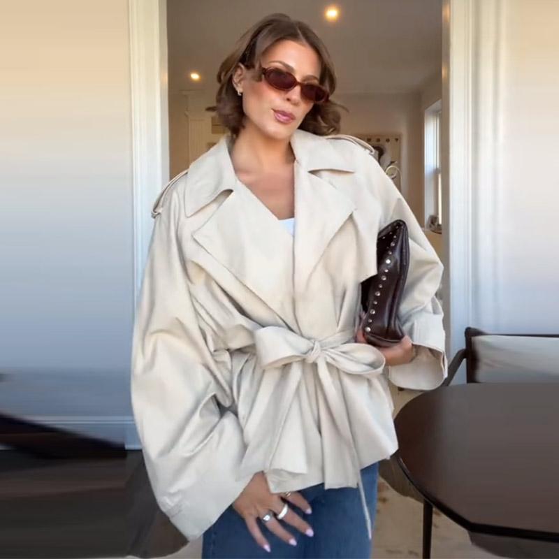 Lapel Tied Windbreaker Jacket Women's Commute Long Sleeve A-line Style Elegant Jacket Fashion Streetwear 2025 Autumn