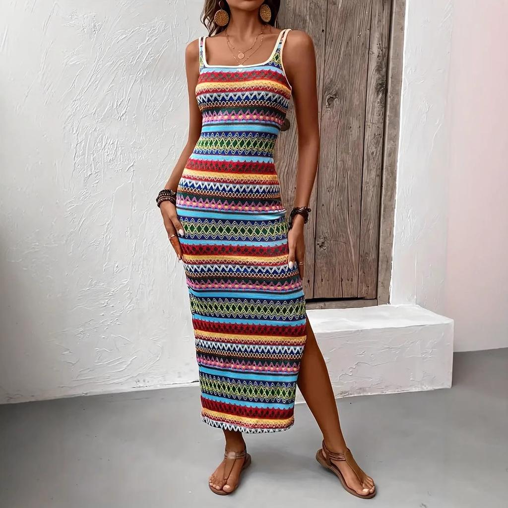 Women Casual Strap Square Collar Colorful Striped Printed High Split Package Hip One Piece Dress