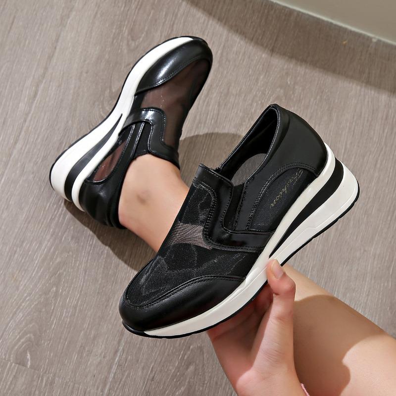 Women's Casual Sports Shoes Spring New Round Head Deep Mouth Splicing Mesh Cloth Thick Sole Non-slip Single Shoes