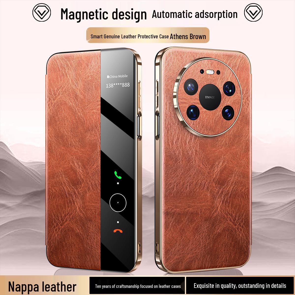 Huawei Mate80/Mate80Max Genuine Leather Magnetic Flip Case with Smart Window Huawei Mate80RS [Large Hole]