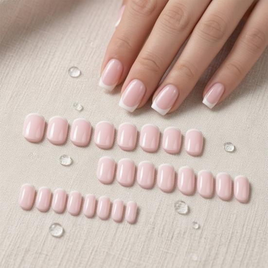 24PCS French Tips Nail Stickers, Full Coverage Square Pink False Nails, White Trim Glossy Press on Nails for Women