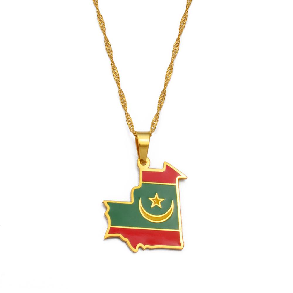 Anniyo Mauritania Map & Flag Pendant Necklace for Women/Men,Gold Color Mauritanian Jewelry Maps  #255121 45cm Thin Chain