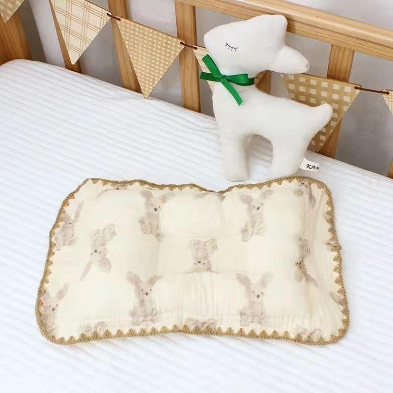 Baby Pillow Pure Cotton Gauze Baby Styling Pillow Lace Cotton Newborn Head Anti-Bias Head Correction Low Pillow 0-6