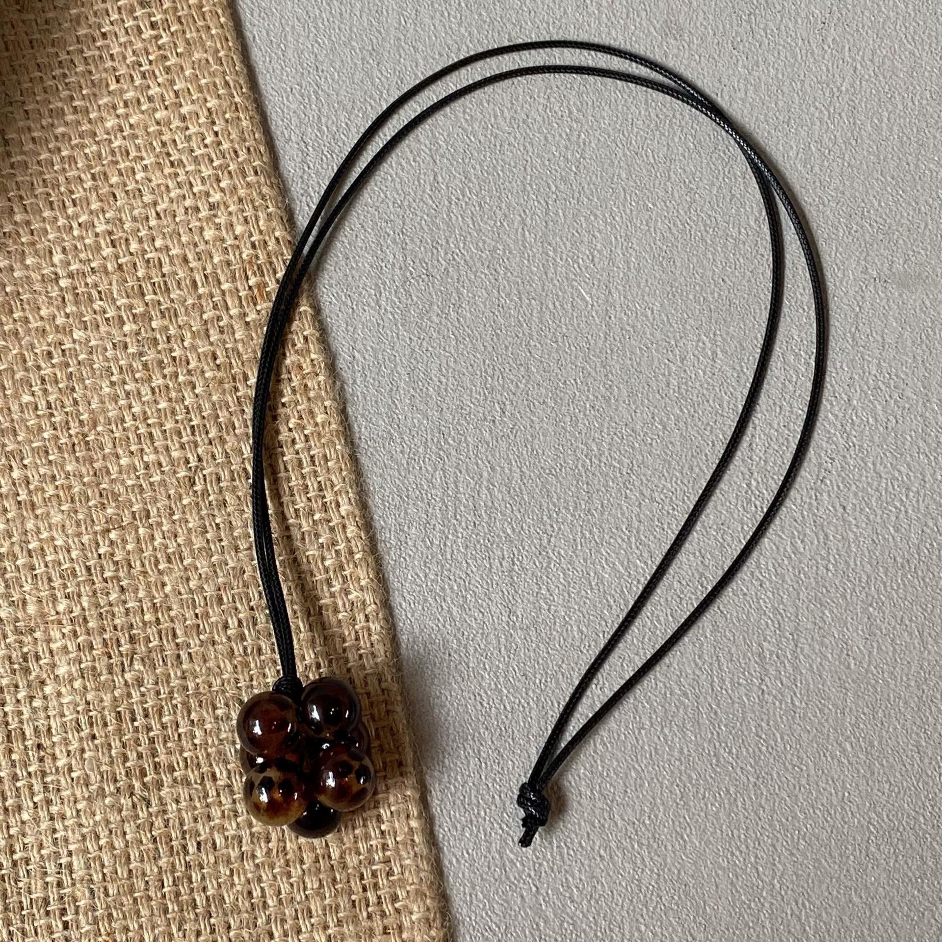 

Round Beads Pendant Necklaces For Women Fashion Black Leather Rope Long Adjustable Sweater Chain Jewelry Gift Party