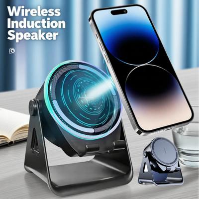 Wireless Induction Speaker with Phone Holder Stand BT5.3 Speaker Rechargeable Foldable Wireless Speaker with RGB Ambient Light