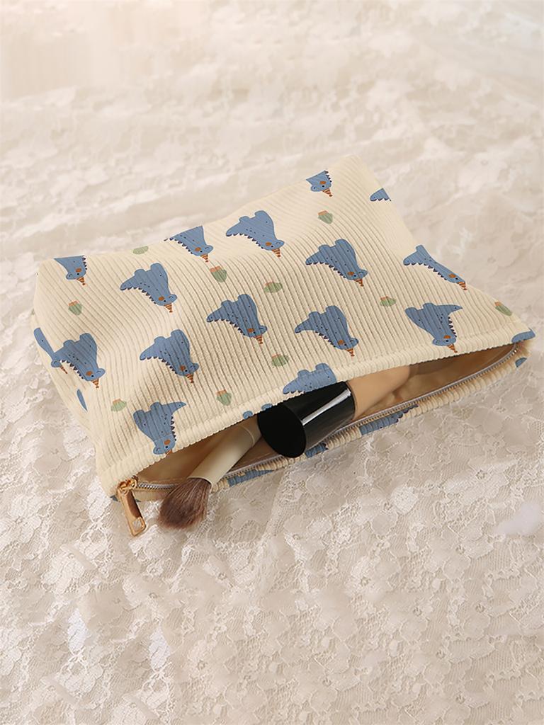 1 Cartoon Dinosaur Patterned Corduroy Makeup Bag, Lightweight Zipper Makeup Storage Box, Multifunctional Bag with Lining