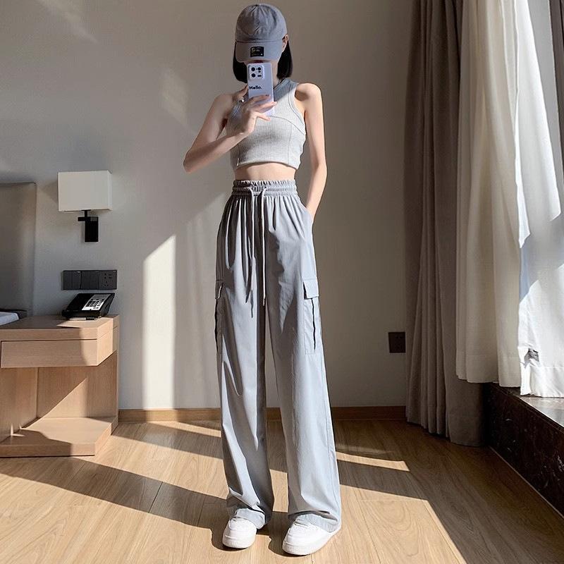 Dámské volné cargo kalhoty s vysokým pasem Jaro Léto Široké rovné jednobarevné kalhoty Dámské ležérní vintage elastické kalhoty Streetwear
