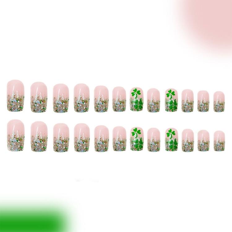 24 Pcs French Tip Press On Nail Short Square Stick on Nail Glittering Artificial Nail Saint Patricks Day False Nail