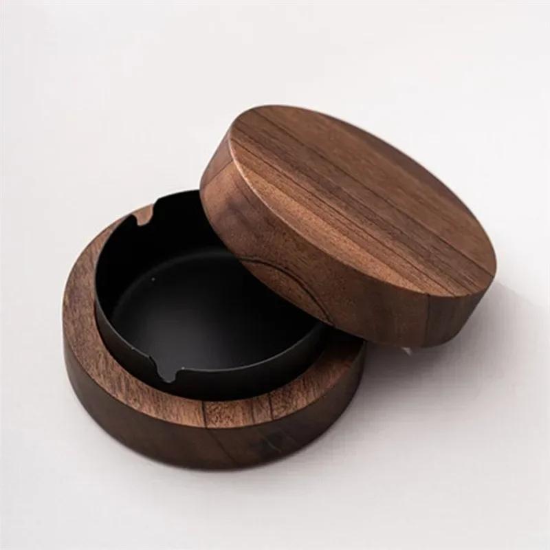Walnut Wood Ashtrays With Lid Covered Windproof Ashtray Stainless Steel Liner Indoor Outdoor Ash Tray For Home