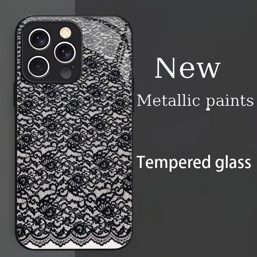 Moderne Schwarze Spitze Floral Handyhülle Handys für iPhone 17 Pro Max Hülle Glas für iPhone 17 16 15 14 13 12 11pm Pro Plus