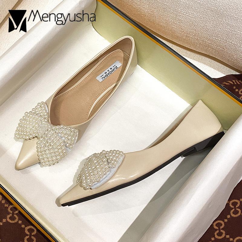 Мода 2024 Туфли-стринги с бусинами и бантом Женские балетки на мягкой подошве Кожаные — фото 6