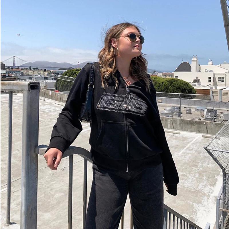 Street Hip Hop Spinnenknochen Aufkleber Diamant Schwarz Reißverschluss Hoodie Damen 2022 y2k Harajuku Jacke Pullover Damen
