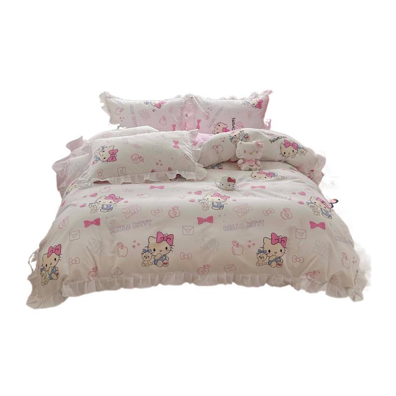 Official Sanrio Hello Kitty All-Cotton 4-Piece Bedding Set - Sheet, Pillowcase & Bed Skirt for Dorms