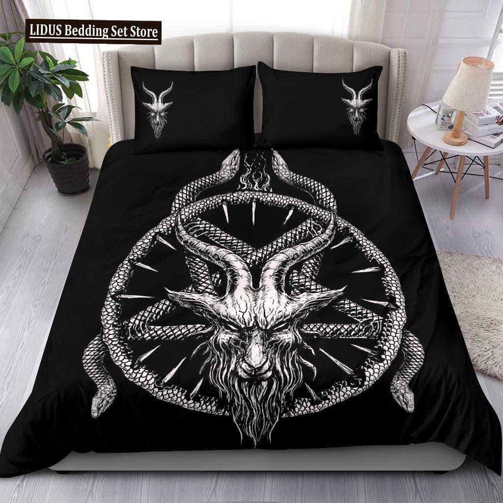 Skull Skeleton Satanic Goat Skull Duvet Cover Set Trophy Demon Breed Bedding Sets Night Blue Pink Satanic Baphomet Quilt Cover