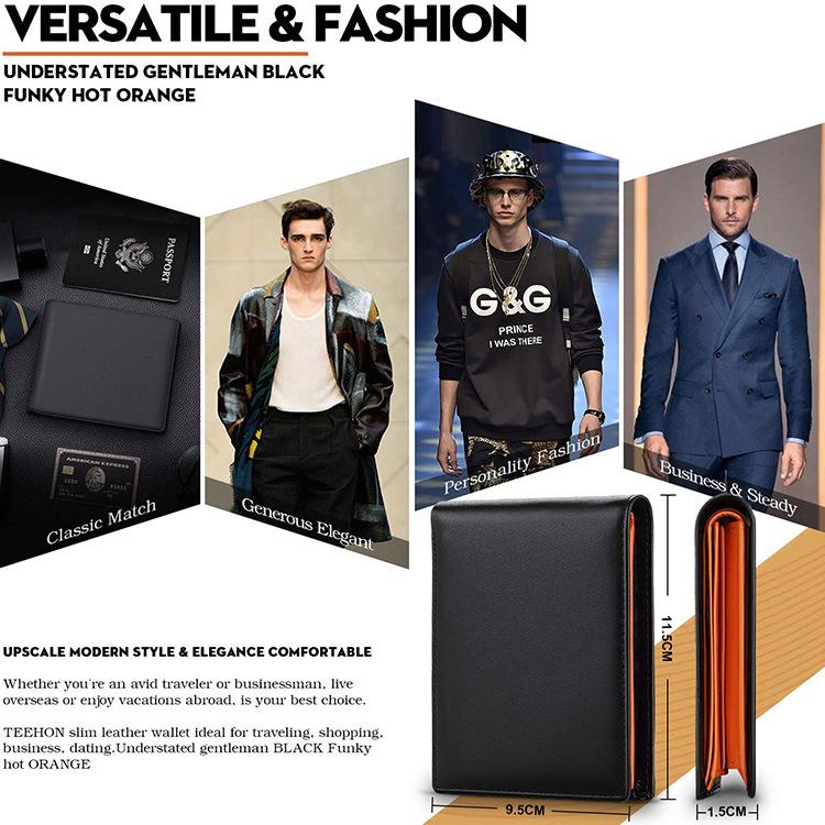 Men's Genuine Leather RFID Slim Wallet, Multi-card Holder with Coin Pocket, Fashionable Color Block Design