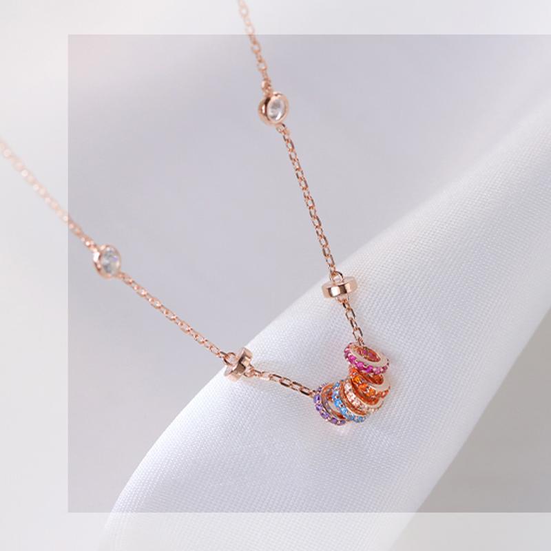 New 925 Sterling Silver Girls Handmade Round Colored Circled Choker Zircon Stone Necklace Simple Shaped Pendant Women's Wedding