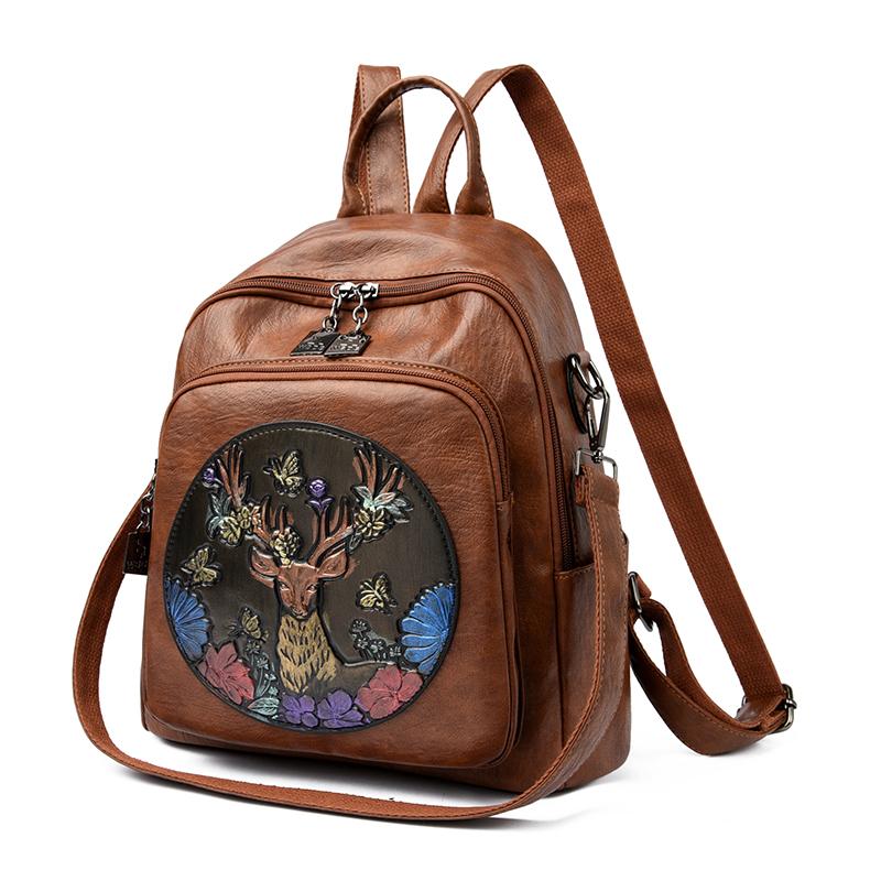 Printed Large Capacity Backpack Women's Retro PU Backpack