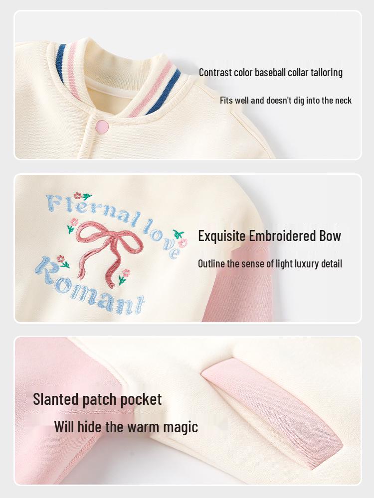 Girls' Cartoon Baseball Jacket: Warm, Fleece-Lined, Thick Cotton Coat With Stand Collar for Autumn/Winter.