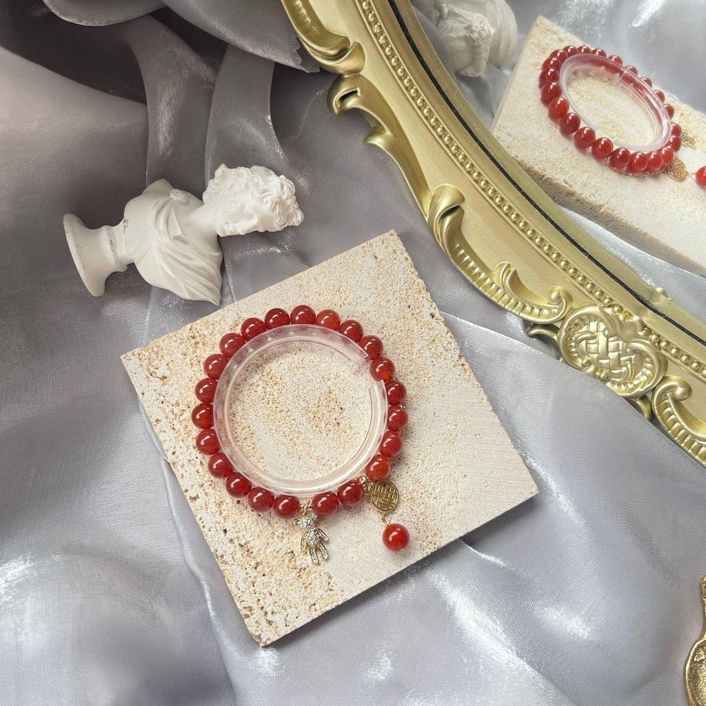Women's Natural Red Agate Bracelet with Little Bear Fortune Tag - Original Chinese Style Hanfu Beaded Accessory