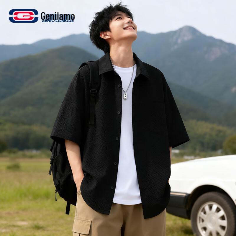 GENIOLAMODE Men s Three-Proof Textured Short-Sleeve Casual Shirt 2XL