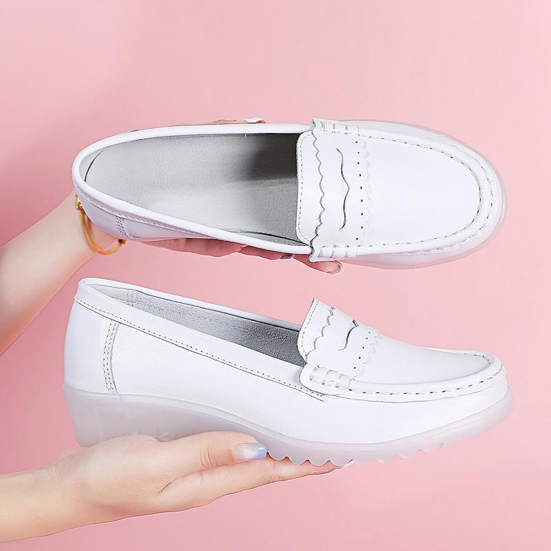 Fashion Leather Air Cushion Nurse Shoes for Women Spring and Summer New Soft Soled Breathable Flat Soled White  Shoes