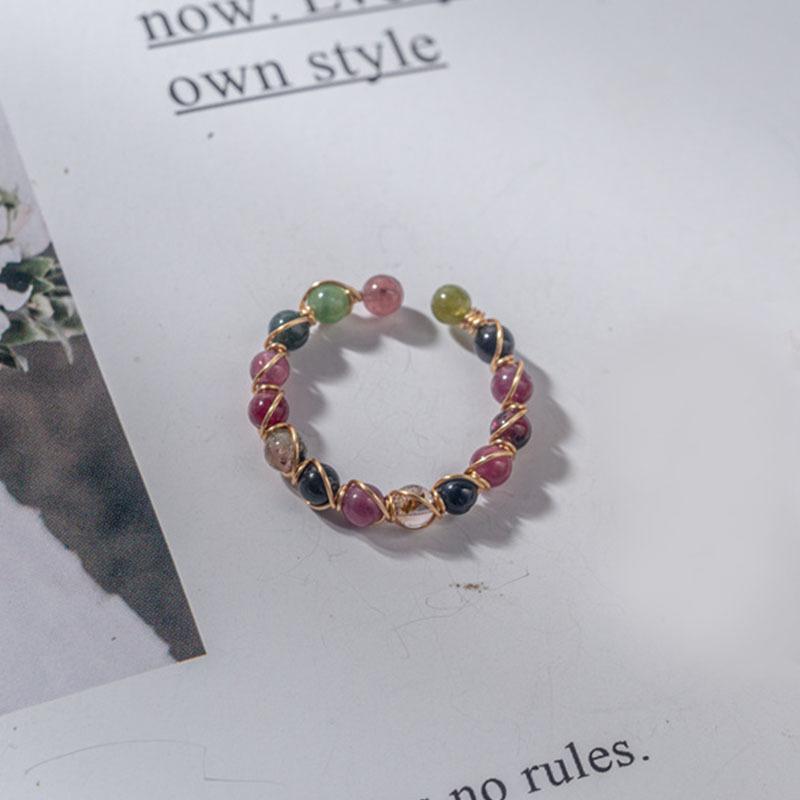 Natural Stone Rainbow Tourmaline Ring Fashion Retro Handmade Metal Wire Winding Beaded Open Adjustable Ring Female Charm Jewelry