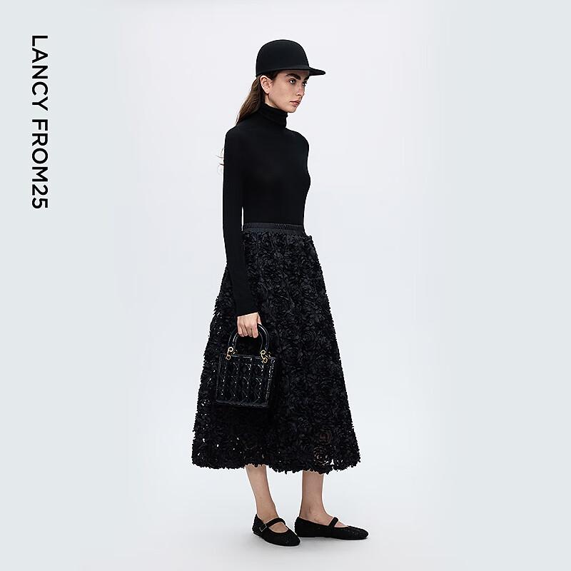 Lancy Black 3D Floral High-Waist A-Line Long Skirt