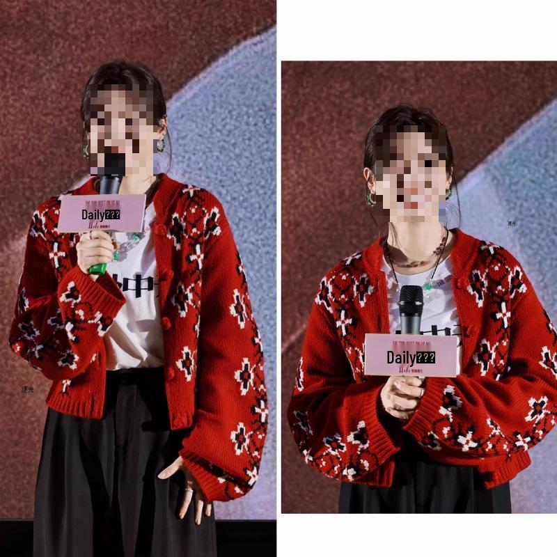 Xin Zhilei Red Retro Jacquard Knit Cardigan - New Year Edition