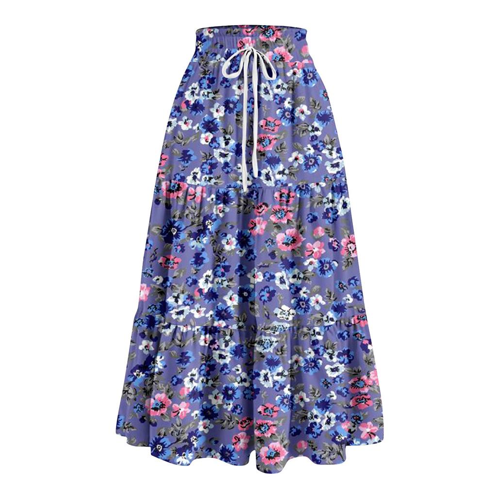 Kvinners Ruffled Spring Uformelt langt skjørt Ensfarget skjørt Retro plissert skjørt