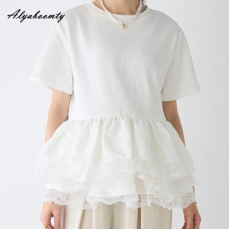 Korejská Móda Letní Dámská Streetwear Top Krátký O Krk Bílá Černá Vrstvené Krajka Volánky Patchwork Tričko Krátký Rukáv Ženský Dámské Tričko