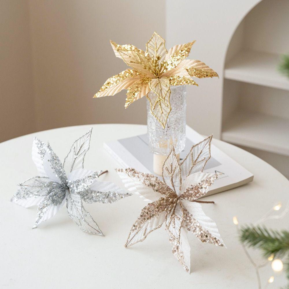Fabric Plastic Xmas Decorative Flowers DIY Decoration Glitter Fake Flower  Xmas Tree Decorations