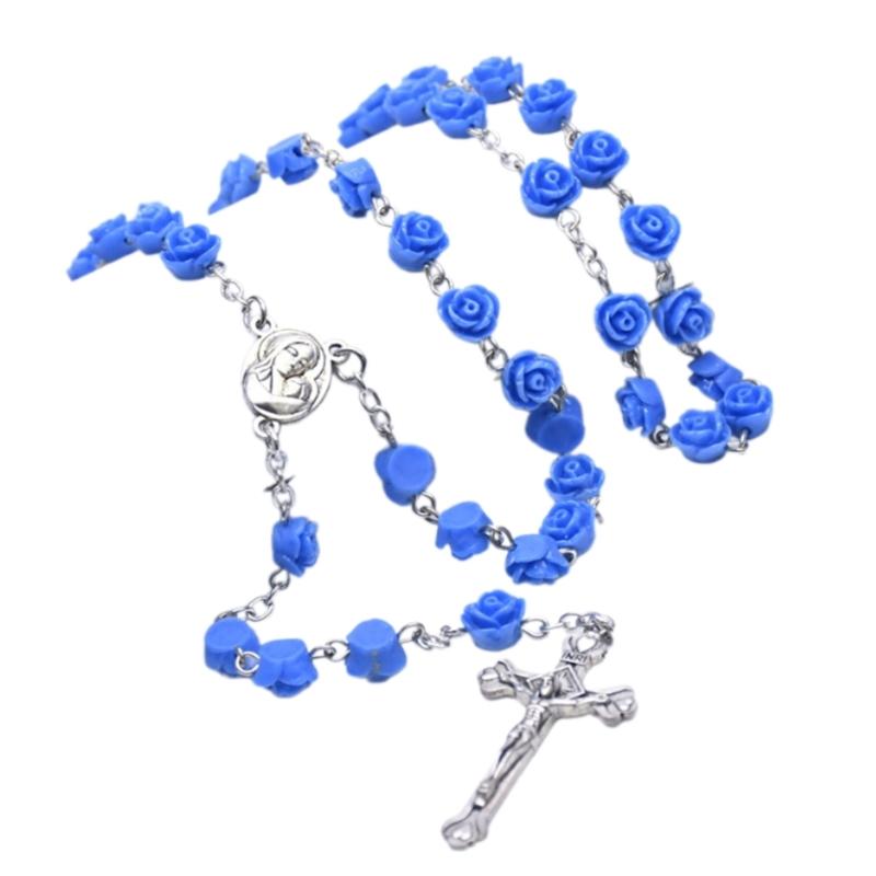 Einzigartige katholische Rosenblumen-Perlen Kreuze Anhänger Rosenkranz Halskette Gebetskette für religiöse Zeremonien und zum Verschenken