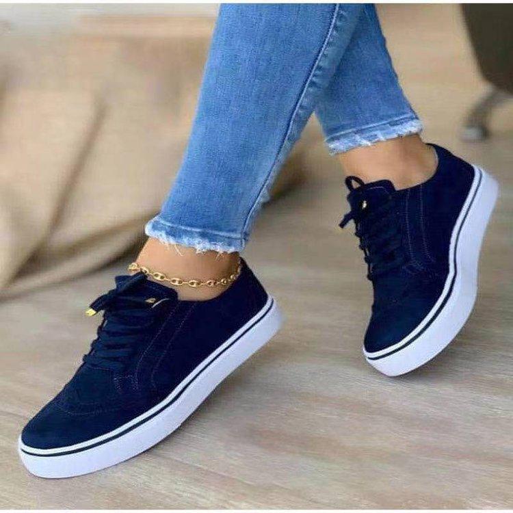 Plus Size Lace-up Women's Casual Shoes - Spring/Summer 2021, Round Toe, Flat Heel, Solid Color