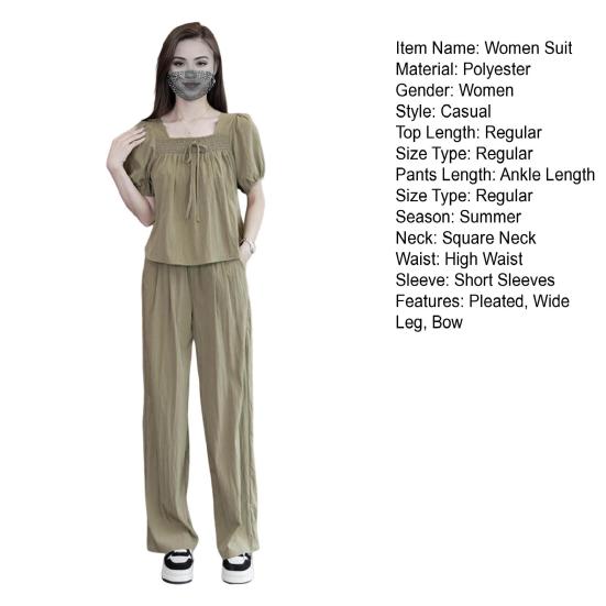 2 buc/set femei set culoare solidă fundă pătrat plisat cu mânecă scurtă top pantaloni gât top lat