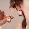 Light Luxury Full of Diamonds Geometric High-end Sense New Temperament Elegant Square Stud Earrings Retro Hong Kong Style French Red Earrings Women