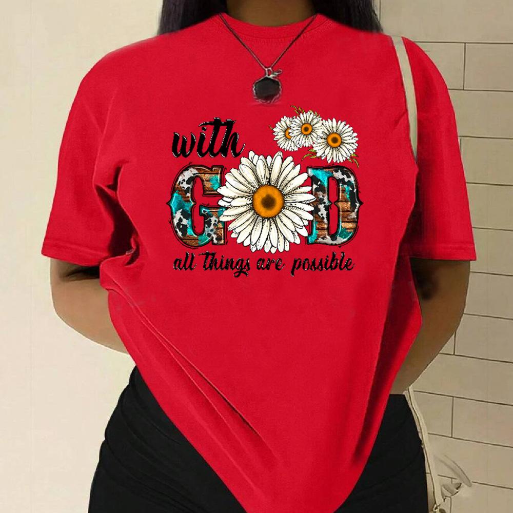Cotton T-Shirt Short Sleeve Round Neck Women 2d Print Tops