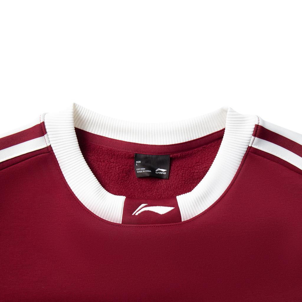 Li Ning Sports Lifestyle Series High Street American Vintage Casual Simple Solid Color Striped Round Neck Pullover Loose Fleece Sweatshirt AWDUB71-9