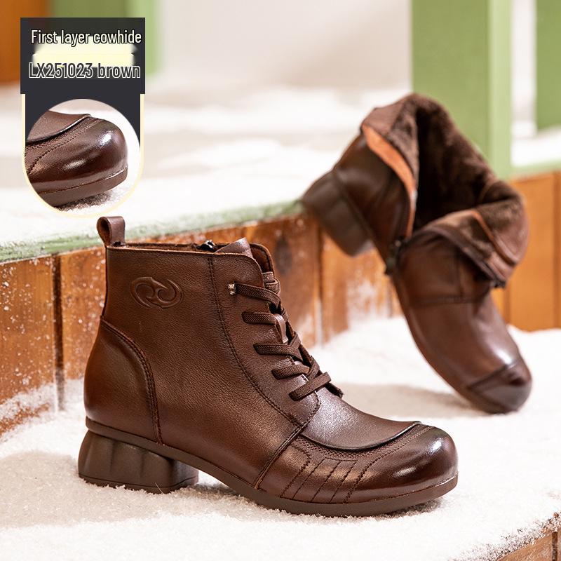 Women s Retro Genuine Leather Ankle Boots, Winter 2025 - Fleece-lined, Soft Sole, Non-slip, Wool Interior, Warm Snow Boots 39 коричневый