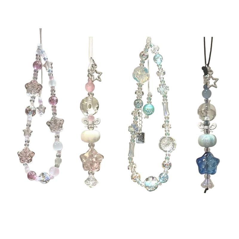 Sweet Clear Star Bead Charm Pendant Chain Phone Strap Pocket Keychain Strap Hangings Decoration for Key Bag Purse