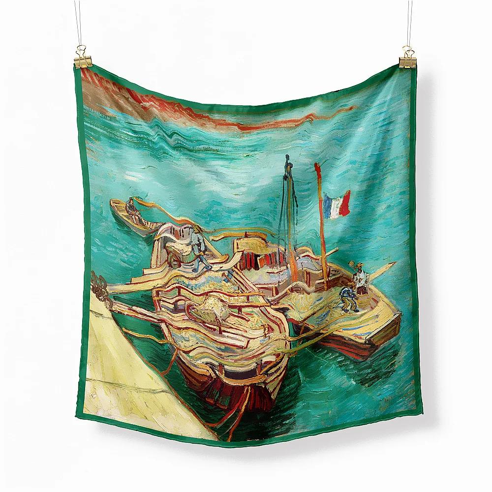 Oil Painting Twill Silk Scarf Women Bandana Foulard Female Headbands Neck Kerchief Fashion Print Square Scarves