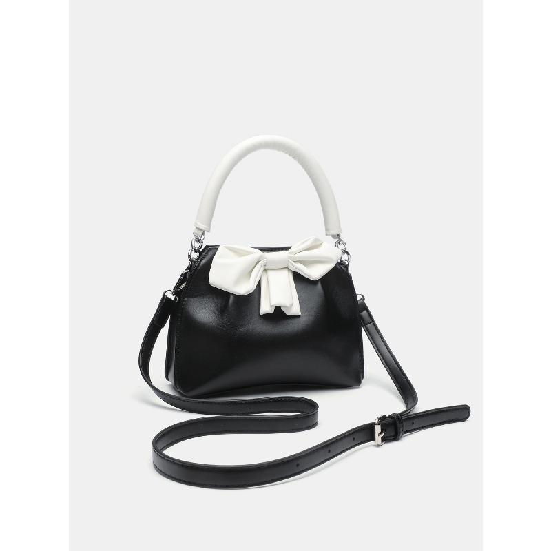 Fashiable and versatile color blocking small square bag with bow and pleated black handbag