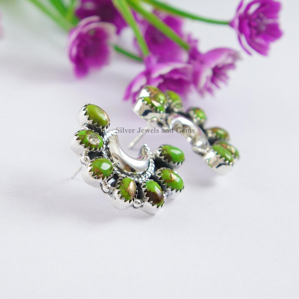 Turquoise Crescent Moon Stud Earrings: 925 Sterling Silver Bohemian Jewelry